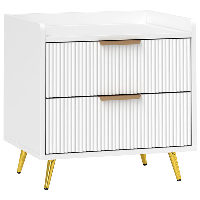 Elegant Two-Drawer Bedside Table with Gold Handles - White