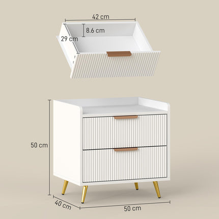 Elegant Two-Drawer Bedside Table with Gold Handles - White