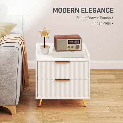 Elegant Two-Drawer Bedside Table with Gold Handles - White