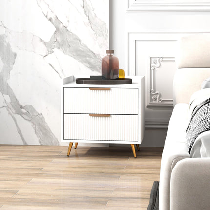 Elegant Two-Drawer Bedside Table with Gold Handles - White