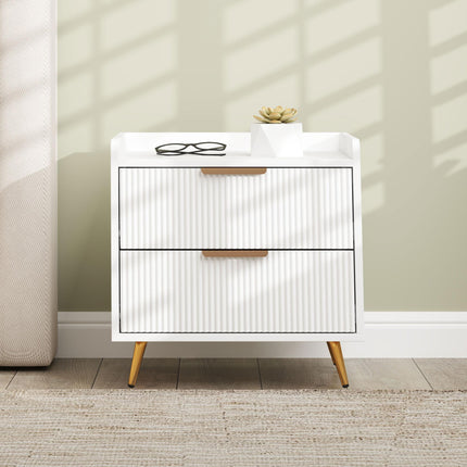 Elegant Two-Drawer Bedside Table with Gold Handles - White