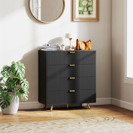 Elegant Four-Drawer Bedside Table with Gold Handles - Black