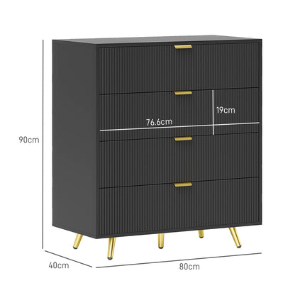 Elegant Four-Drawer Bedside Table with Gold Handles - Black