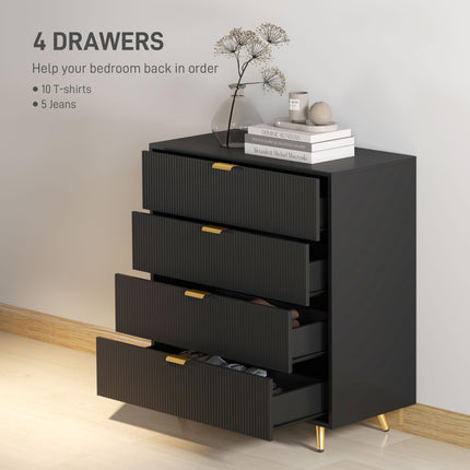 Elegant Four-Drawer Bedside Table with Gold Handles - Black