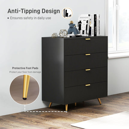 Elegant Four-Drawer Bedside Table with Gold Handles - Black