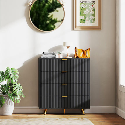 Elegant Four-Drawer Bedside Table with Gold Handles - Black