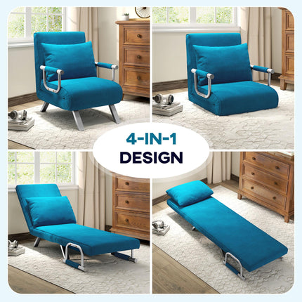 4-in-1 Adjustable Faux Suede Chair Bed with Pillow - Blue