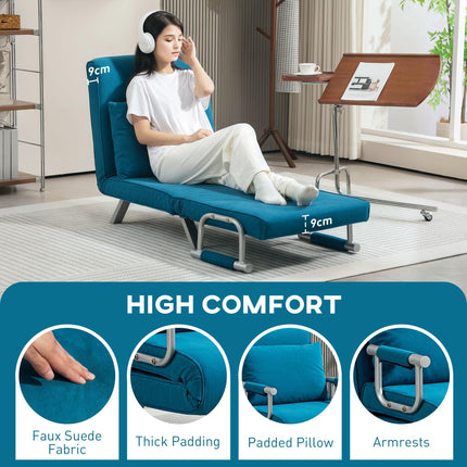 4-in-1 Adjustable Faux Suede Chair Bed with Pillow - Blue