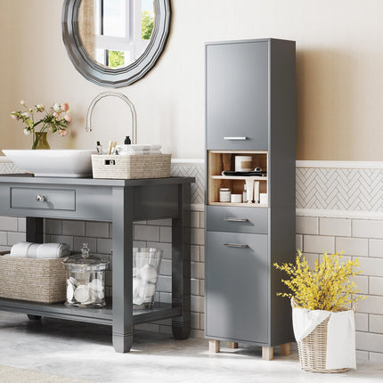 Tall Freestanding Bathroom Storage Cabinet with Drawer and Open Shelves - Grey