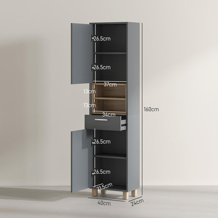 Tall Freestanding Bathroom Storage Cabinet with Drawer and Open Shelves - Grey