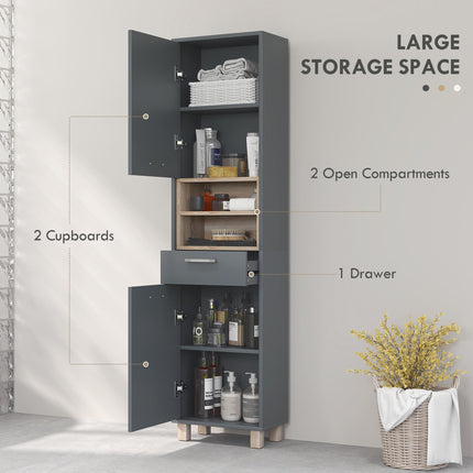 Tall Freestanding Bathroom Storage Cabinet with Drawer and Open Shelves - Grey