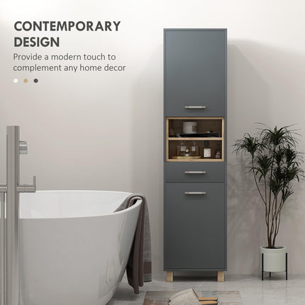 Tall Freestanding Bathroom Storage Cabinet with Drawer and Open Shelves - Grey