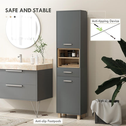 Tall Freestanding Bathroom Storage Cabinet with Drawer and Open Shelves - Grey