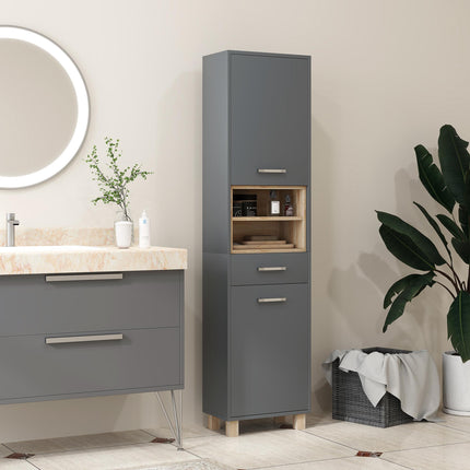 Tall Freestanding Bathroom Storage Cabinet with Drawer and Open Shelves - Grey