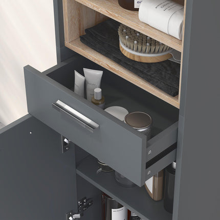 Tall Freestanding Bathroom Storage Cabinet with Drawer and Open Shelves - Grey