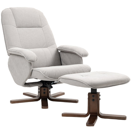 Linen Swivel Recliner Armchair with Footstool and Wooden Base - Light Grey
