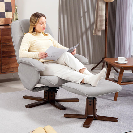 Linen Swivel Recliner Armchair with Footstool and Wooden Base - Light Grey