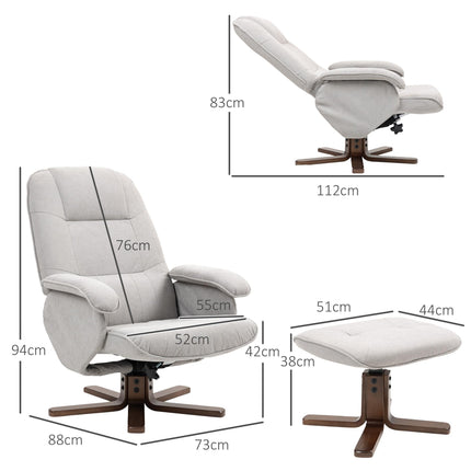 Linen Swivel Recliner Armchair with Footstool and Wooden Base - Light Grey