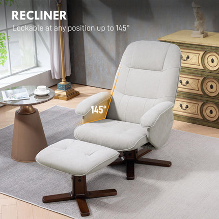 Linen Swivel Recliner Armchair with Footstool and Wooden Base - Light Grey
