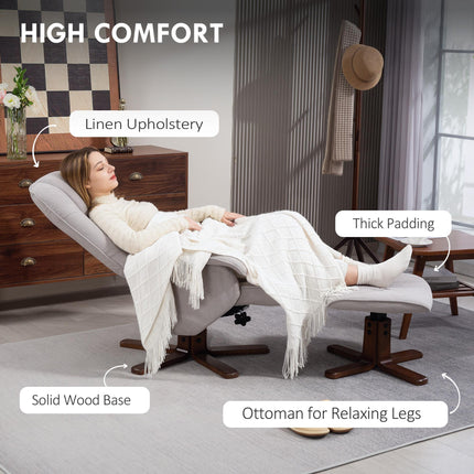 Linen Swivel Recliner Armchair with Footstool and Wooden Base - Light Grey