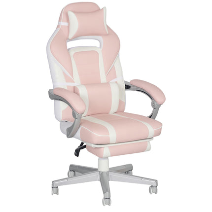 Faux Leather Reclining Gaming Chair with Footrest - Pink/White