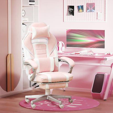 Faux Leather Reclining Gaming Chair with Footrest - Pink/White