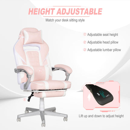 Faux Leather Reclining Gaming Chair with Footrest - Pink/White
