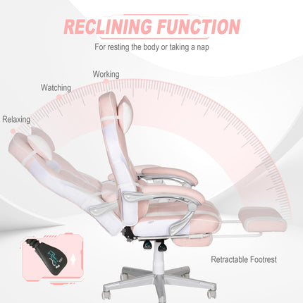 Faux Leather Reclining Gaming Chair with Footrest - Pink/White