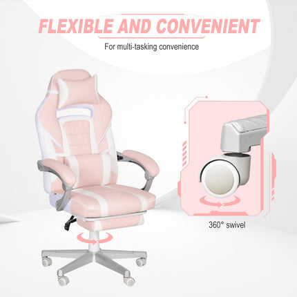 Faux Leather Reclining Gaming Chair with Footrest - Pink/White