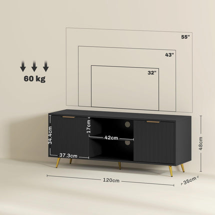 Modern TV Stand Cabinet for TVs up to 55" with 2 Shelves & 2 Cabinets, Cable Management - Black