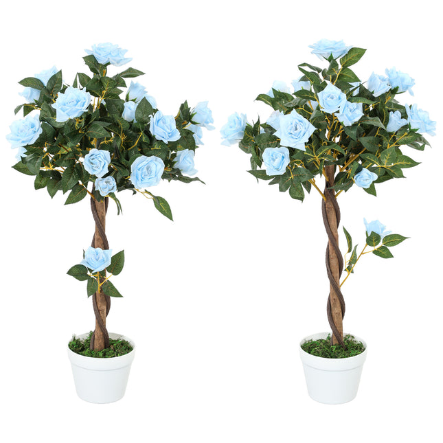 Set of 2 Artificial White Rose Plants in Pot 90cm - Light Blue