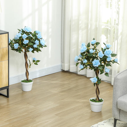 Set of 2 Artificial White Rose Plants in Pot 90cm - Light Blue