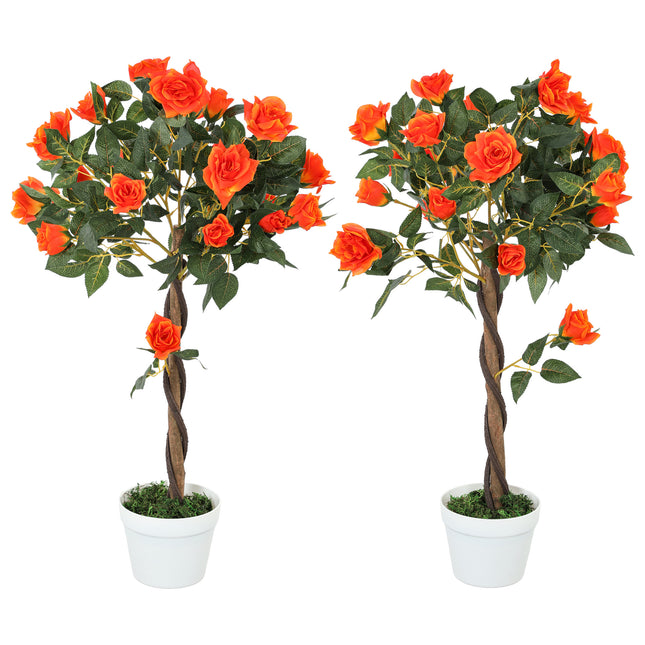 Set of 2 Artificial White Rose Plants in Pot 90cm - Orange