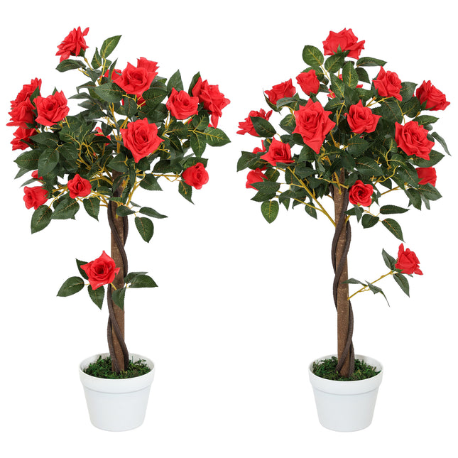 Set of 2 Artificial White Rose Plants in Pot 90cm - Red