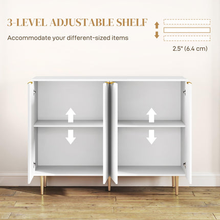 Modern Sideboard Buffet Cabinet with 4 Doors & Adjustable Shelves, Metal Legs - White