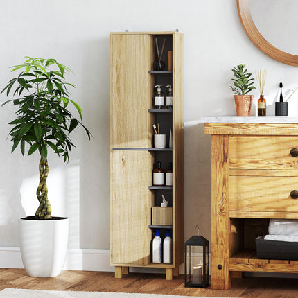 Multi-Storage Slim Bathroom Cabinet with Shelves and Cupboards - Natural Wood Finish