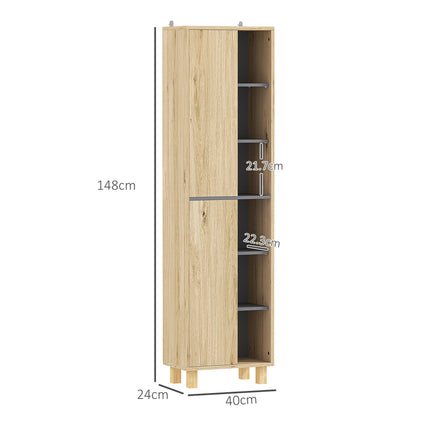 Multi-Storage Slim Bathroom Cabinet with Shelves and Cupboards - Natural Wood Finish