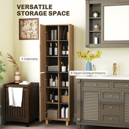 Multi-Storage Slim Bathroom Cabinet with Shelves and Cupboards - Natural Wood Finish