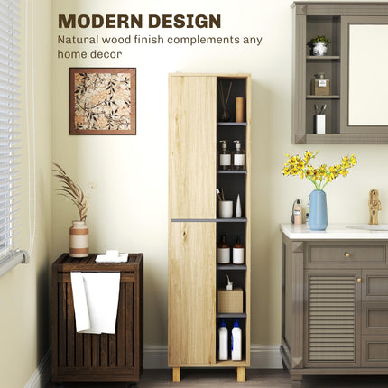 Multi-Storage Slim Bathroom Cabinet with Shelves and Cupboards - Natural Wood Finish