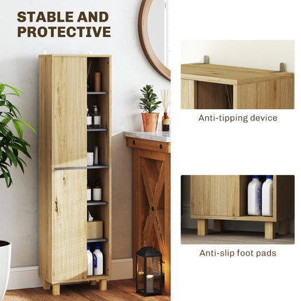 Multi-Storage Slim Bathroom Cabinet with Shelves and Cupboards - Natural Wood Finish
