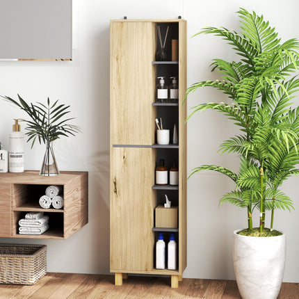 Multi-Storage Slim Bathroom Cabinet with Shelves and Cupboards - Natural Wood Finish