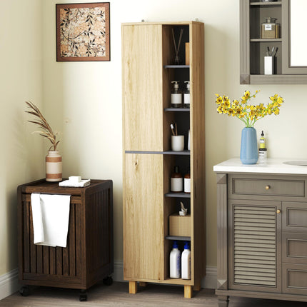 Multi-Storage Slim Bathroom Cabinet with Shelves and Cupboards - Natural Wood Finish