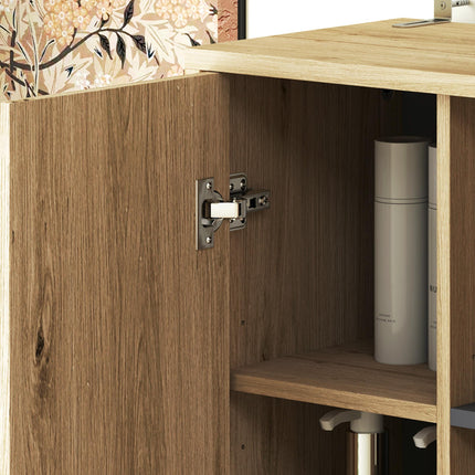 Multi-Storage Slim Bathroom Cabinet with Shelves and Cupboards - Natural Wood Finish