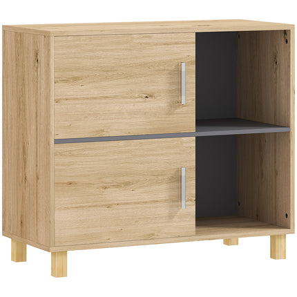Freestanding Bathroom Cabinet with Double Doors and Open Compartments - Natural Wood Finish