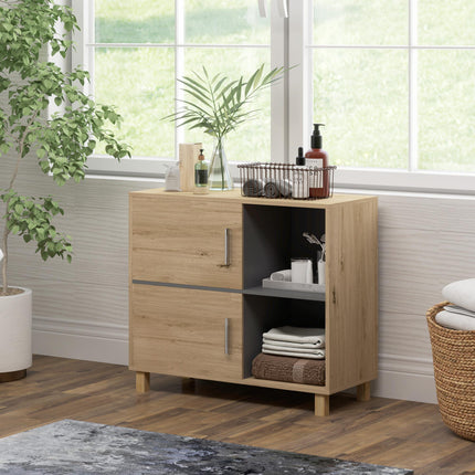 Freestanding Bathroom Cabinet with Double Doors and Open Compartments - Natural Wood Finish