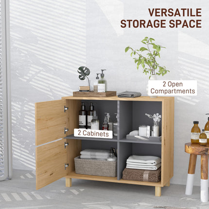 Freestanding Bathroom Cabinet with Double Doors and Open Compartments - Natural Wood Finish