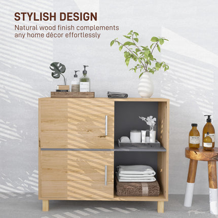Freestanding Bathroom Cabinet with Double Doors and Open Compartments - Natural Wood Finish
