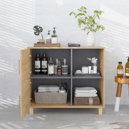 Freestanding Bathroom Cabinet with Double Doors and Open Compartments - Natural Wood Finish