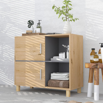 Freestanding Bathroom Cabinet with Double Doors and Open Compartments - Natural Wood Finish