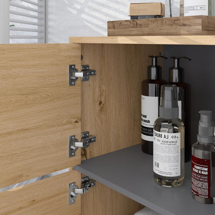 Freestanding Bathroom Cabinet with Double Doors and Open Compartments - Natural Wood Finish